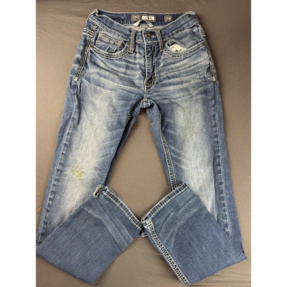 BKE Jake Straight Leg Jeans Women 28R Blue Fair Distressed Heavy Stitching